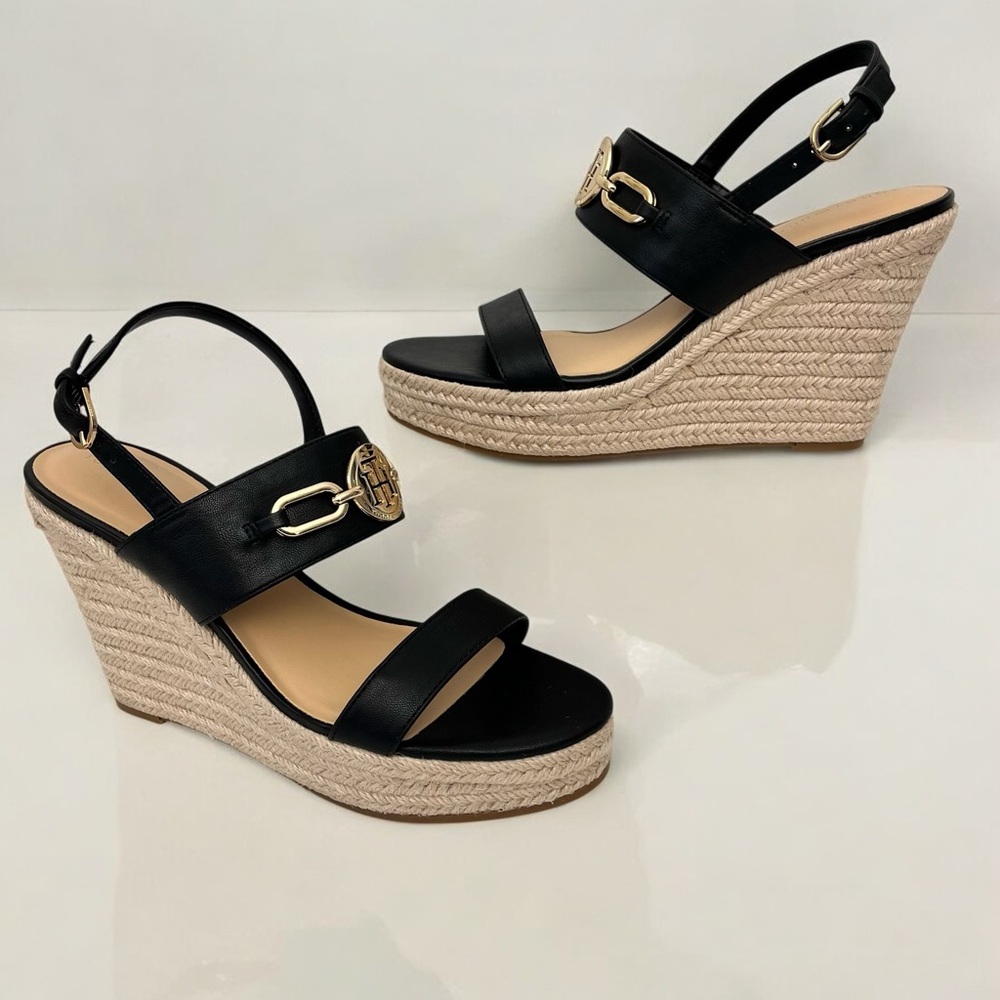 Black Wedge Sandals with Gold Accents
